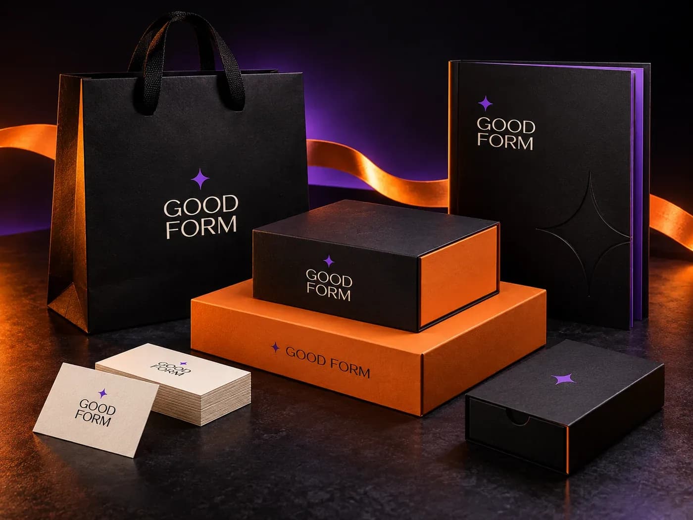 GOOD FORM packaging, business cards, shopping bag and brand booklet in orange and violet studio lighting