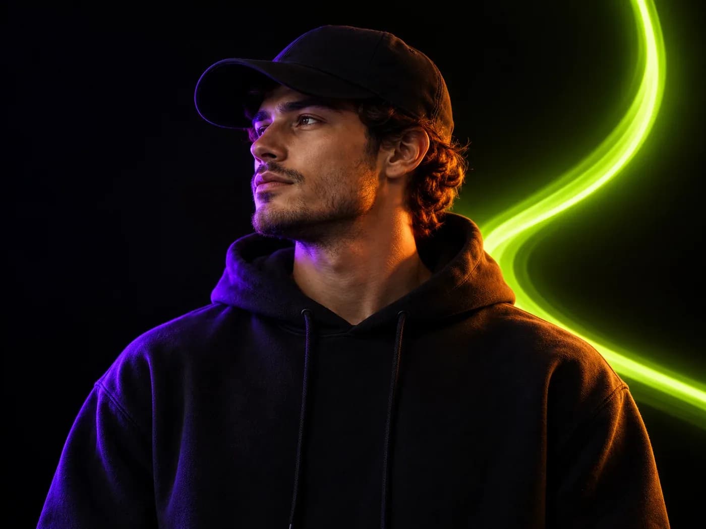 An entrepreneur in a black cap and hoodie, lit by violet and orange with a lime light trail